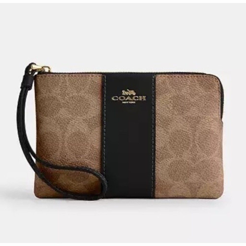 Coach Corner Zip Wristlet Wallet in Signature Canvas with Stripe Brown Black NEW